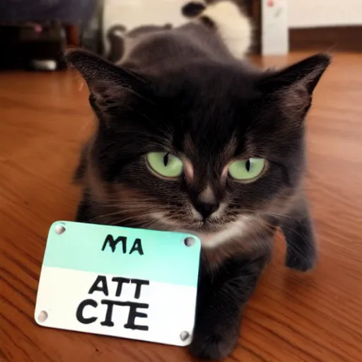 Prompt: a cute cat with a name tag that says Mat