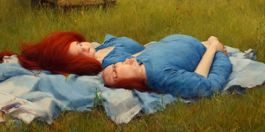 Image similar to redhead sleeping outside in summer, artstation james gurney