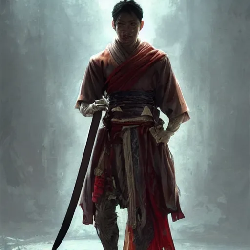Image similar to a photorealistic dramatic fantasy render of a handsome man carrying a rough heavy sword drippig with blood and clasical japanese kimono by wlop, artgerm, greg rutkowski, alphonse mucha, beautiful dynamic dramatic dark moody lighting, shadows, cinematic atmosphere, artstation, concept design art, octane render, 8 k