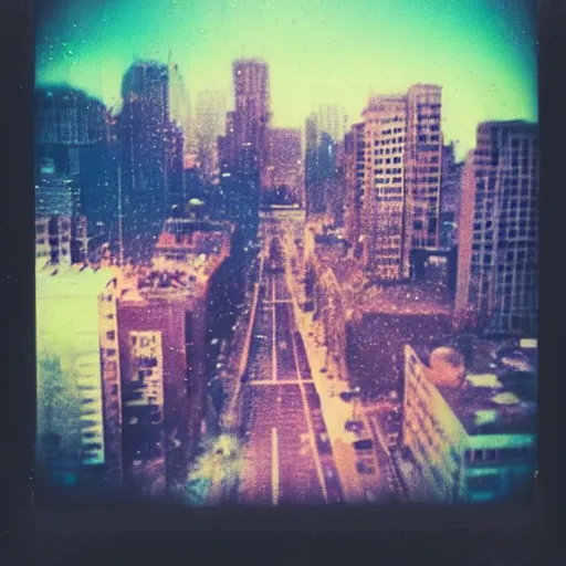 Image similar to polaroid of dream, city, double exposure, chromatic aberration