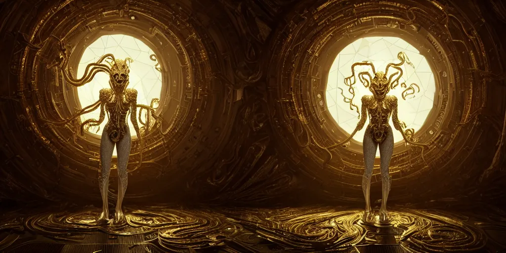 Prompt: a photo of 8k ultra realistic corrupted lovecraftian white golden humanoid queen standing next to a spaceship window overlooking earth, 8 intricate white and gold tentacles, ornate white and gold armour, cinematic lighting, trending on artstation, 4k, hyperrealistic, focused, extreme details, unreal engine 5, cinematic, masterpiece