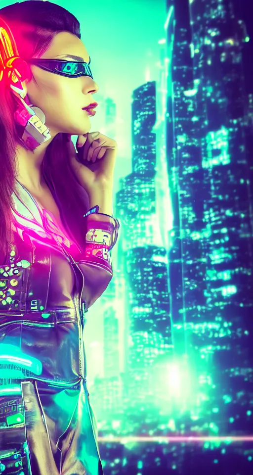 Prompt: Portrait of a beautiful cyberpunk women, city skyline on background, neon lights, glow, retrowave style