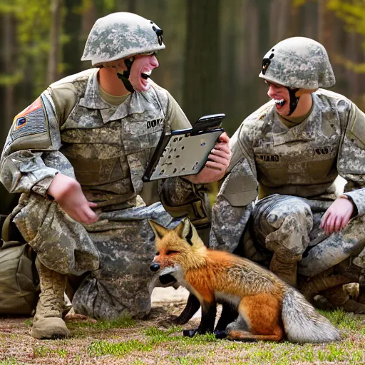 Image similar to a group of fox animals dressed in modern american military soldier uniforms, foxes laughing at a computer, 8 5 mm f / 1. 4