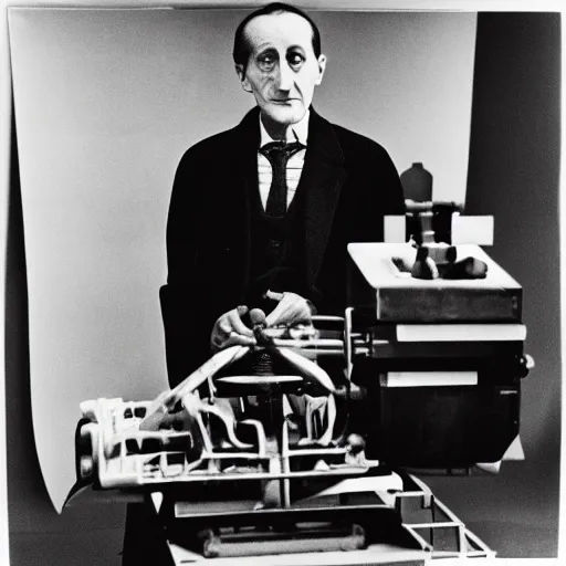 Image similar to Kodachrome portrait of Marcel Duchamp with an technologival machine, archival pigment print in the style of Hito Steyerl, studio shooting, contemporary art