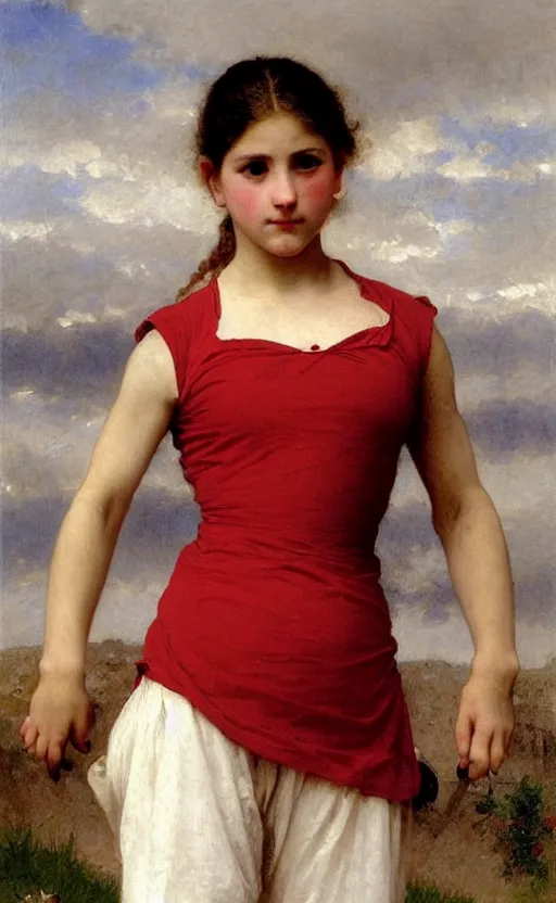 Image similar to portrait of athletic girl, red and white dress, hd, realistic, bouguereau