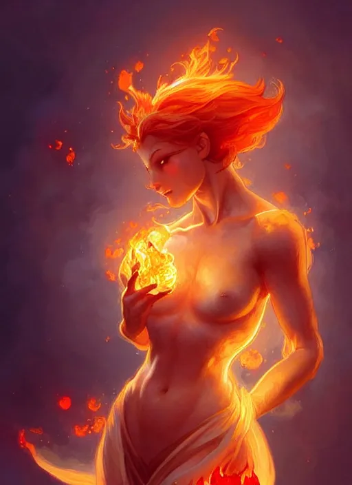 Image similar to a cute fire elemental, with fingers and hair turning into flames, fantasy, intricate, elegant, highly detailed, digital painting, artstation, concept art, wallpaper, smooth, sharp focus, illustration, art by artgerm and greg rutkowski and alphonse mucha