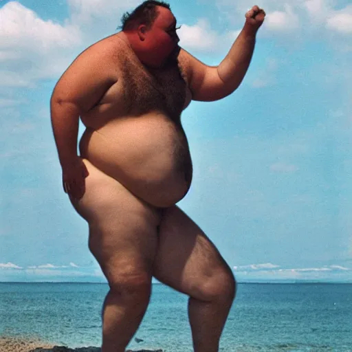 Prompt: dramatic photo of a fat man in a swimsuit holding and licking the worlds largest toad