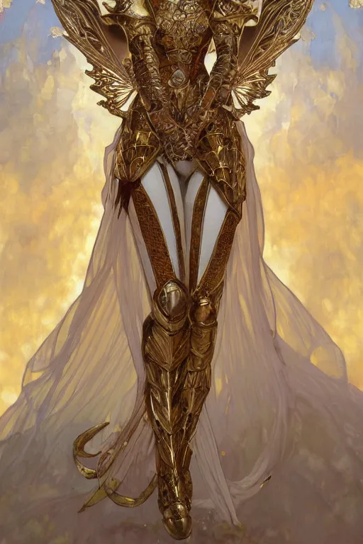 Image similar to full body portrait of a queen wearing white armor with ornate bronze and gold, white gossamer wings, art nouveau, profile, 4K, character concept art, oil painting, trending in artstation, cgsociety, by nekro, Alphonse Mucha, Brom, Artgerm