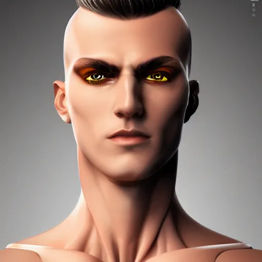 Prompt: headshot portrait of a futuristic blanco ceramic aroused Spanish prince humanoid robot with a stunning face and muscular body reclining, glowing eyes, macho, piroca, dotado, guapo, matte surface, trending on cgsociety