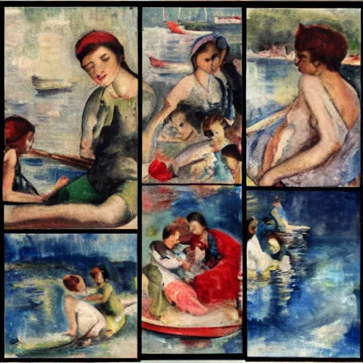 Image similar to rich details red by max weber. the collage of a group of well - dressed women & children enjoying a leisurely boat ride on a calm day. the women are chatting & laughing while the children play with a toy boat in the foreground.