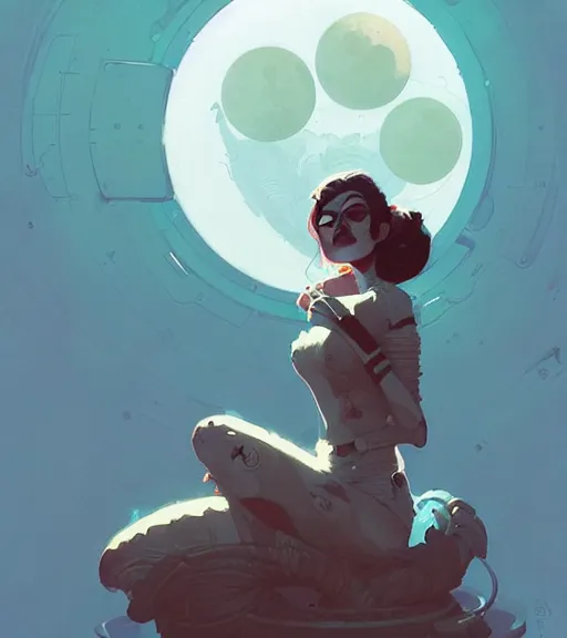 Image similar to portrait of moon queen by atey ghailan, by greg rutkowski, by greg tocchini, by james gilleard, by joe fenton, by kaethe butcher, dynamic lighting, gradient light blue, brown, blonde cream and white color scheme, grunge aesthetic
