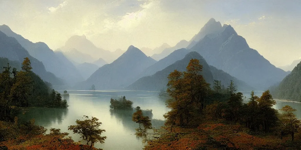 Image similar to art by alexandre calame of the cinematic view of the jiuzhaigou valley forest