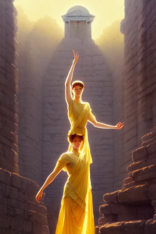 Image similar to high detail portrait, transparent crystal woman wearing ancient greek yellow paper tunic, hands in air, stephen bliss, fantasy art by greg rutkowski, rhads, ferdinand knab, makoto shinkai and lois van baarle, ilya kuvshinov, rossdraws, tom bagshaw, global illumination, radiant light, ancient greek temple ruins, red and blue color theme