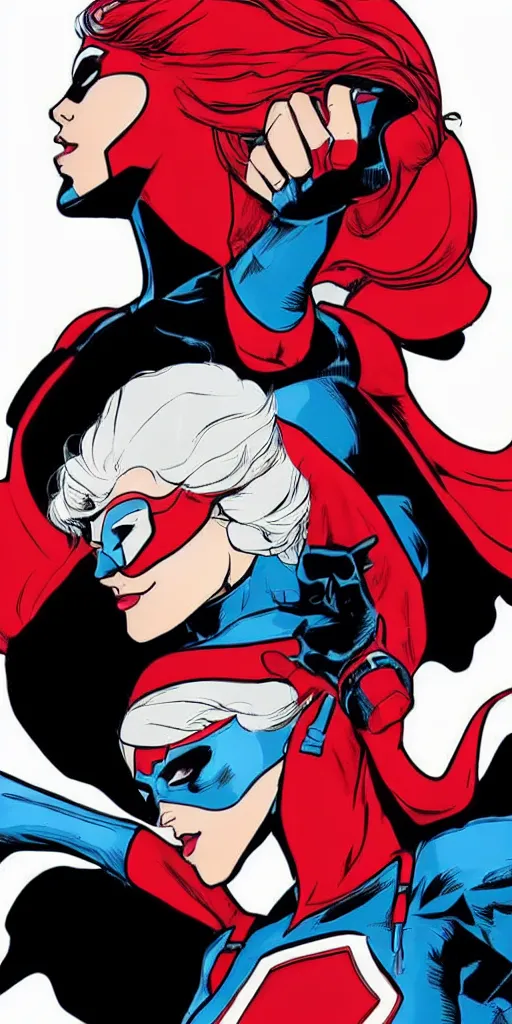 Prompt: a beautiful superhero with short white hair and a bright red mask in the style of dc comics