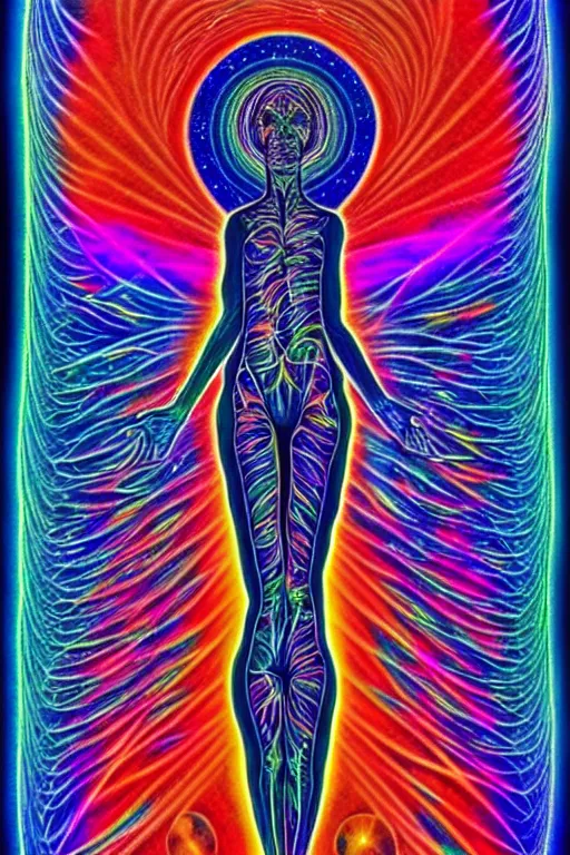 Image similar to A psychedelic silhouette of a human body filled with the universe, planets, stars and galaxies in the style of Alex Grey