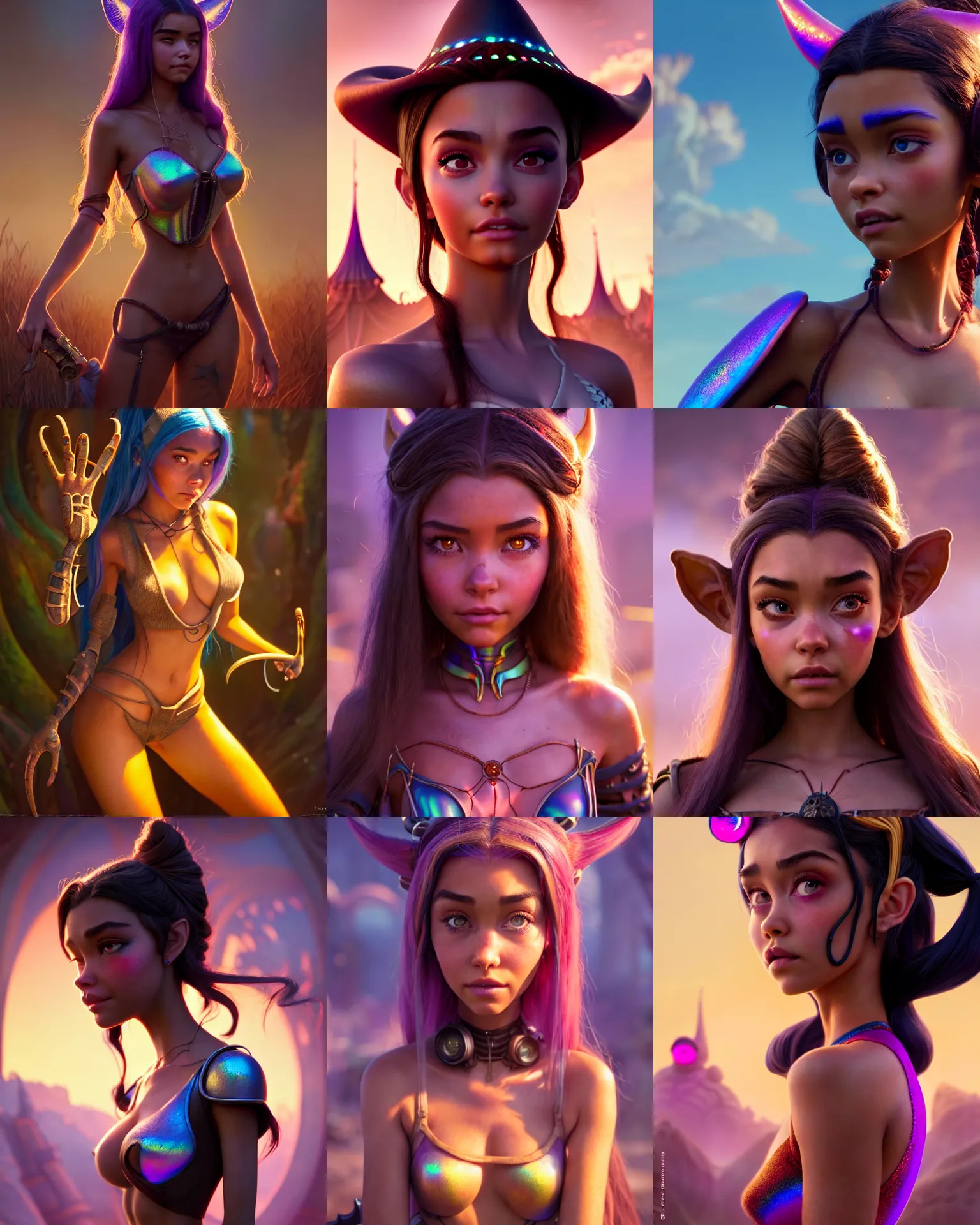 Prompt: weta disney movie still portrait photo of madison beer : : as sunburnt tatoo cyberpunk candyland cowgirl woman by pixar : : by weta, greg rutkowski, wlop, ilya kuvshinov, rossdraws, artgerm, marvel, maxim cover, octane render, sweaty, iridescent, bright morning, anime, liosh, mucha, artstation : :