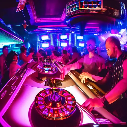 Image similar to dj playing roulette tables, nightclub, photorealistic, low light, coloured lights, people dancing, music, detailed