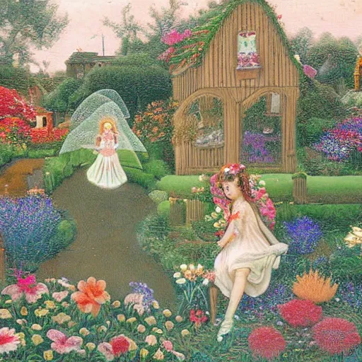 Image similar to a whimsical garden scene. In the computer art, a young girl can be seen playing among the flowers and trees, while a fairy watches over her. winter by Joachim Brohm random