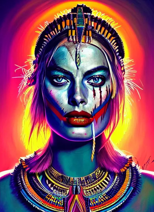 Image similar to portrait of margot robbie, hyper detailed ultra sharp aztec shaman warrior. trending on artstation, warpaint aesthetic, bloodwave, colorful, psychedelic, ornate, intricate, digital painting, concept art, smooth, sharp focus, illustration, art by artgerm and greg rutkowski and h. r. giger, 8 k