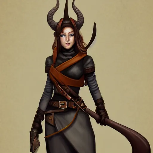 Prompt: a long shot portrait of a young female tiefling ranger, highly detailed digital painting dramatic