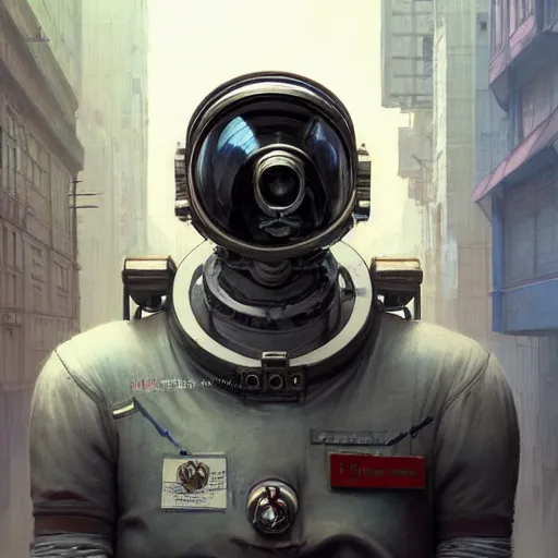 Image similar to a concept art portrait of masked diesel punk astronaut on the art deco streets of the big city, artstation, award - winning realistic sci - fi concept art by jim burns and greg rutkowski, beksinski, a realism masterpiece, muted color palette, james gilleard, bruegel, alphonse mucha, and yoshitaka amano