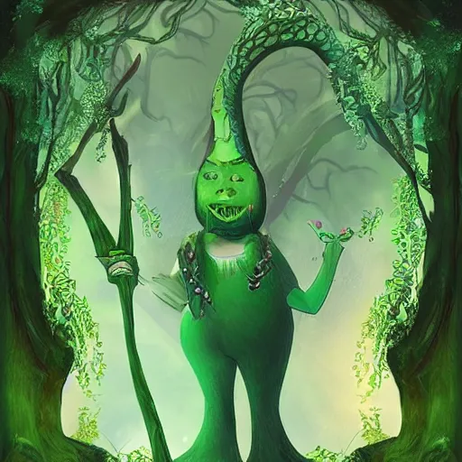 Image similar to a green genie ready to grant your wish deep in the forest, fantasy illustration