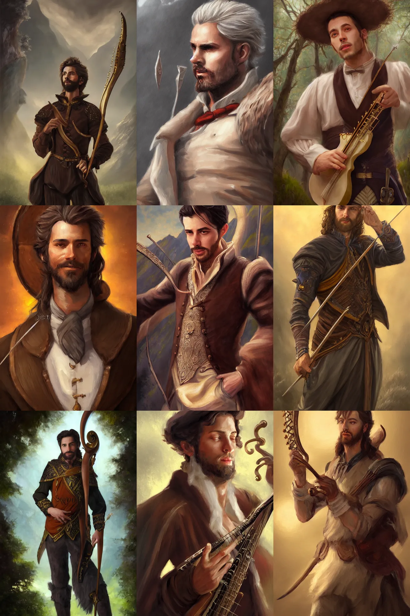 Image similar to a full body high detail fantasy portrait oil painting illustration of a single elegant male bard by justin sweet with face and body clearly visible, in a scenic background, visible pupils, realistic proportions, d & d, rpg, forgotten realms, artstation trending, high quality, sombre mood, artstation trending, muted colours, entire person visible!