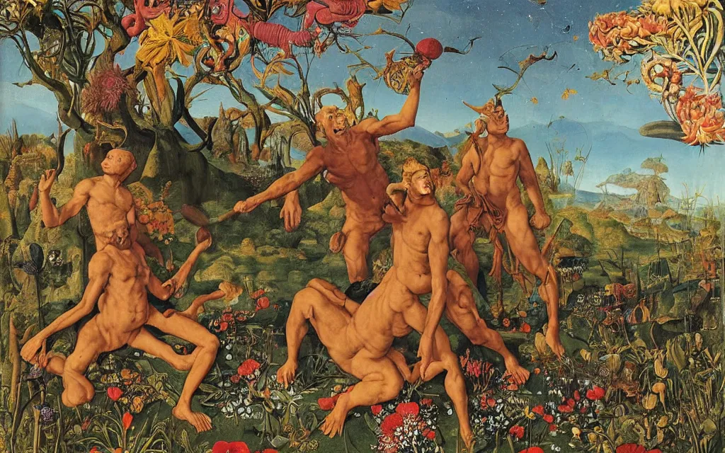 Image similar to a portrait photograph of a meditating satyr and a centaur monk riding a rocket machine and hunting at a river delta. surrounded by bulbous flowers and trees. mountain range under a blue sky of fiery stars. by jan van eyck, max ernst, ernst haeckel, ernst fuchs and artgerm, cgsociety, fashion editorial, 8 k