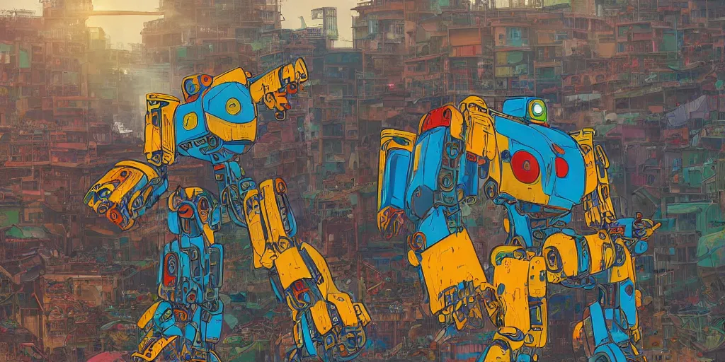 Prompt: colourful - damaged - giant mecha ROBOT of AJEGUNLE SLUMS in Lagos, markings on robot, Golden Hour, in the style of studio ghibli,