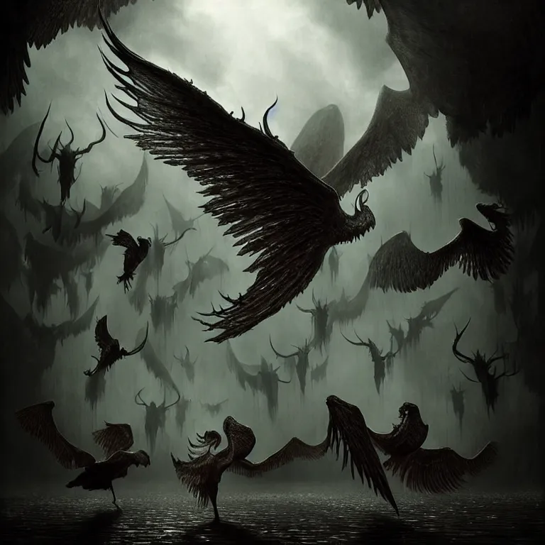 Prompt: epic professional digital art of hungry winged smooth bodied creatures, moody atmospheric lighting, painted, intricate, detailed, foreboding, by leesha hannigan, wayne haag, reyna rochin, ignacio fernandez rios, mark ryden, iris van herpen,, epic, stunning, gorgeous, much wow, cinematic, masterpiece.