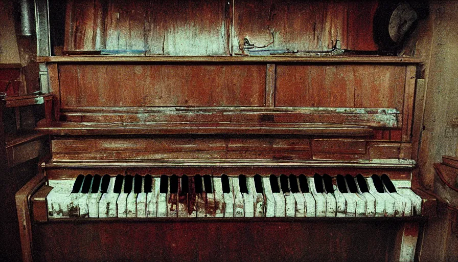 Image similar to 7 0 s film still from a horror movie about an old piano, kodachrome, cinecolor, cinestill, film grain, film texture, retro, cinematic, high resolution, photorealism,