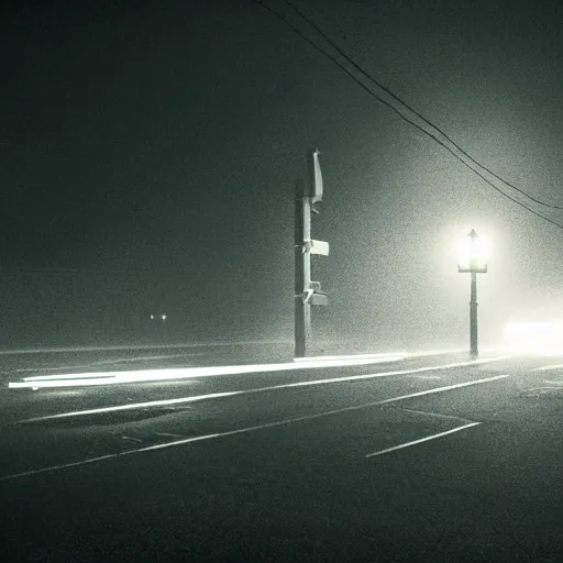 Image similar to A stunningly beautiful award-winning down angle 8K high angle cinematic movie photograph of a dark foggy main intersection in an abandoned 1950s small town at night, by David Fincher and Darius Khonji, cinematic lighting, perfect composition, moody low key volumetric light. Color palette from Seven, greens yellows and reds. 2 point perspective, high angle from 15 feet off the ground. Octane render