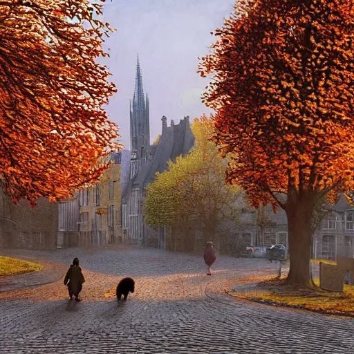 Image similar to 2 hedgehogs walking across the street next to eachother in Bruges, Belgium, in the style of Greg Rutkowski, autumn, evening, romantic