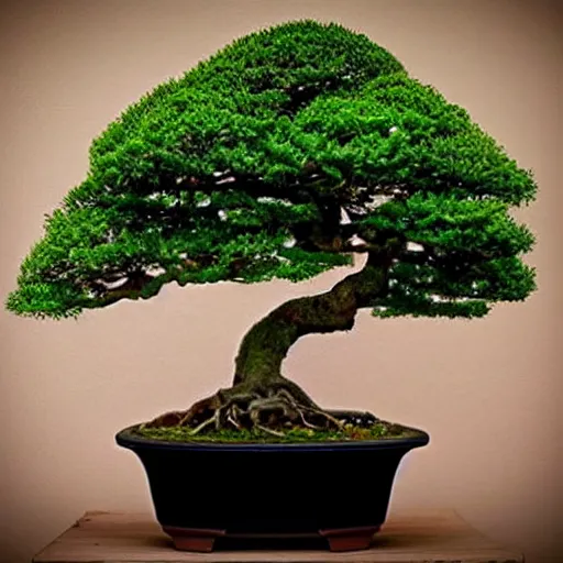 Prompt: yggdrasil as a bonsai tree in a pot on a nondescript table facebook status photo