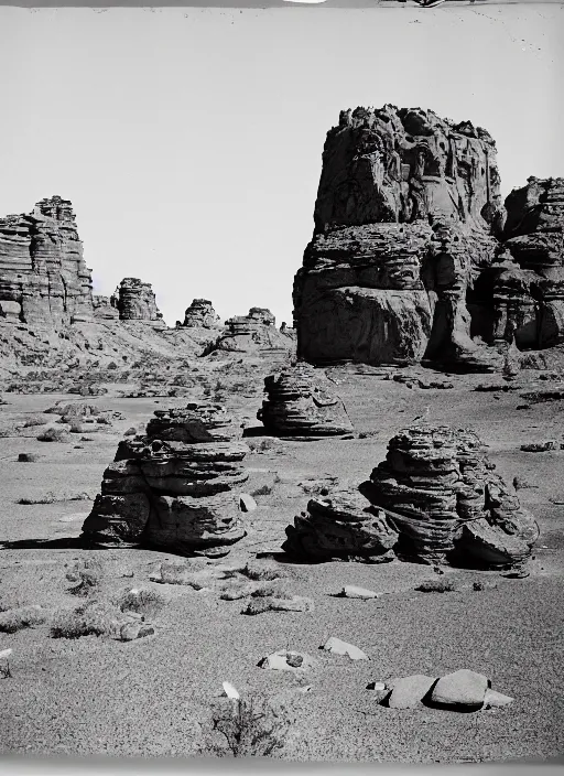 Image similar to Photo of rock formations towering over sparse desert vegetation among rocks and boulders, Utah, albumen silver print, Smithsonian American Art Museum