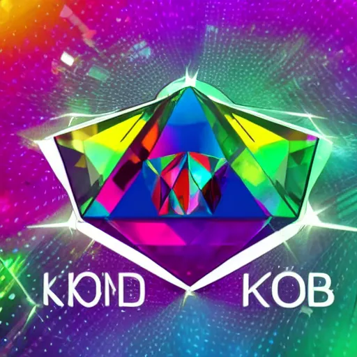 Prompt: A logo for the group KnoBuddy. The logo is a pair of headphones with a diamond between them. The prism diamond is exploding with vibrant prismatic colors that turn into musical notes