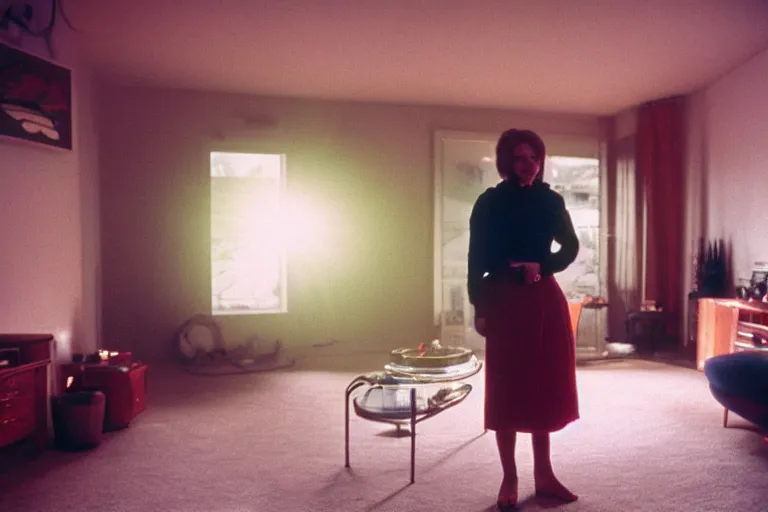 Image similar to backlit photograph of woman standing in front of object radiating esoteric energy in suburban living room, crisp focus, highly detailed, in george hardie style, 3 5 mm ektachrome