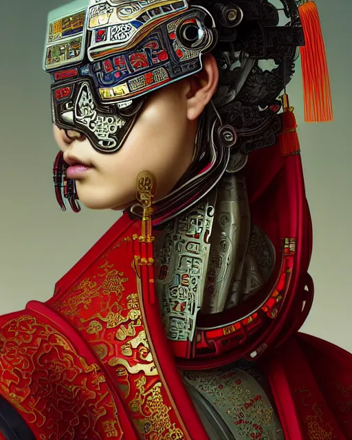 Prompt: portrait of a chinese cyberpunk machine, machine face, robed, upper half portrait, decorated with chinese opera motifs regal asian machine robot cyberpunk fine china, wuxia, traditional chinese art intricate intense elegant 京 剧 highly detailed digital painting artstation concept art smooth sharp focus illustration, art by artgerm and greg rutkowski alphonse mucha 8 k