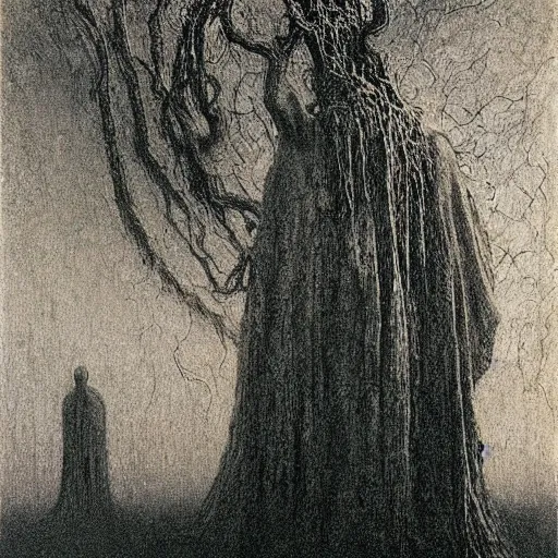 Image similar to spirits whose names they called in terror or welcome, until an angry priest cast a spell on them, art by beksinski and jean delville