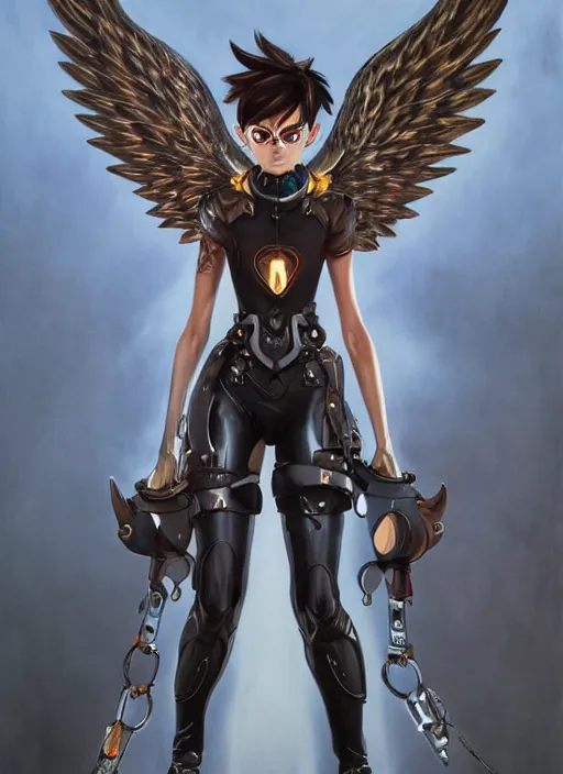 Image similar to full body artwork of tracer overwatch wearing leather collar in style of zdzisław beksinski, angel wings, dramatic painting, symmetrical composition, wearing detailed leather collar, black shiny armor, chains, black harness, detailed face and eyes,