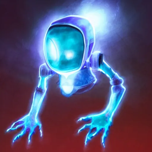 Image similar to a ghost - like creature with cyan skin, blue triangle eyes and blue - purple hair in blue armor with a long red scarf and grey robotic hand implants with sharp claws with glowing light - blue markings across the body hovering in the air with a friendly pose