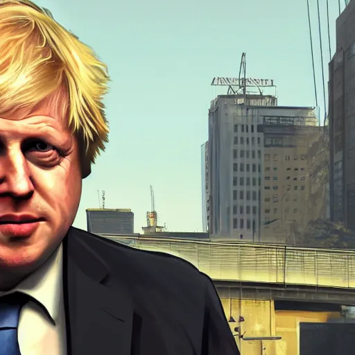Prompt: Boris Johnson in GTA V, Cover art by Stephen Bliss, Boxart, loading screen