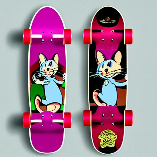 Image similar to Tom and jerry themed skate board, skate board design, underside, glossy, lots of detail, Tom and jerry themed