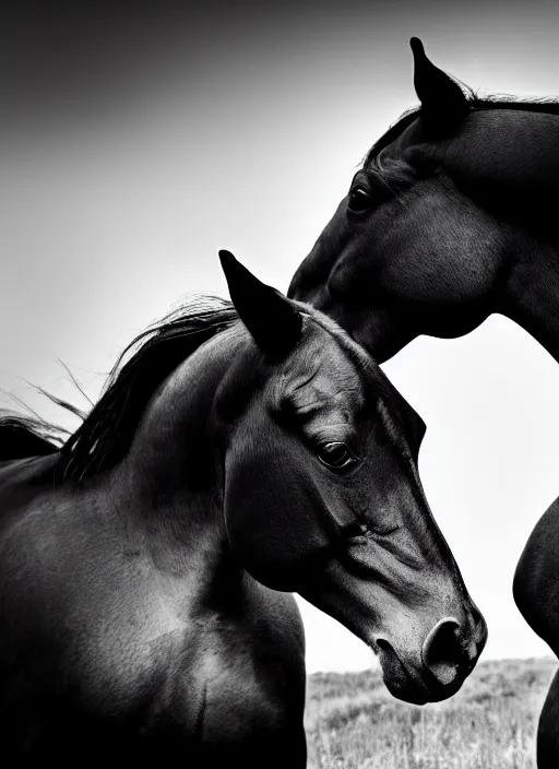 Image similar to two horses black and white portrait white sky in background