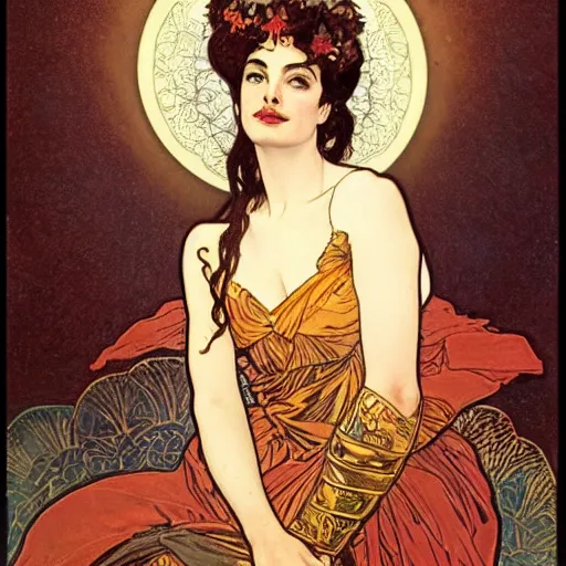 Prompt: ann hathaway portrait by louis - theophile hingre and alphonse mucha, realistic, sharp focus, zodiac signs, tarot cards, planets, ethereal, art nouveau, magic, moon, sun, crown, dreamy, royal, jewellery