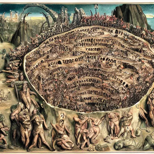 Prompt: detailed map of the nine layers of hell from dantes inferno. cutaway style.