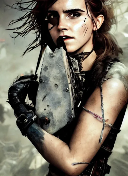 Prompt: hyper realistic photography portrait of emma watson postapocalyptic madmax cyberpunk cyborg tribal festival curvy voluptuous curvaceous partygirl psychedelic mystic enigmatic witch magician amazon face cinematic, vallejo, full shot, craig mullins greg rutkowski, artstation, cgsociety