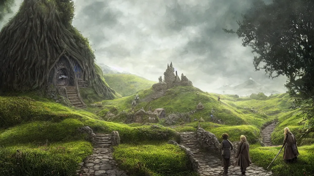 Prompt: frodo returning to bag end at the end of his journey, hobbiton, hobbits visible in the distance, by alan lee, michal karcz, smooth details, lord of the rings, game of thrones, smooth, detailed terrain, oil painting, trending artstation, concept art, fantasy matte painting