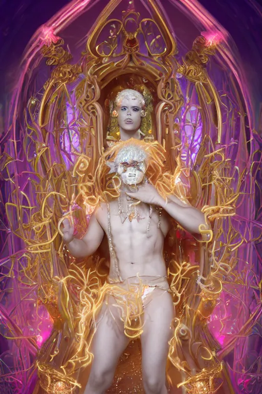 Image similar to full-body rococo and cyberpunk delicate neon crystalline sculpture of ((young muscular golden albino Colombian prince)) as an iridescent humanoid deity wearing ((peach plastic hooded cloak)) (holding a human skull) in a white castle dungeon, reclining, glowing pink face, crown of (pink lasers), large blue diamonds, swirling black silk fabric. futuristic elements. oozing glowing liquid, full-length view. space robots. intricate artwork by caravaggio. Trending on artstation, octane render, cinematic lighting from the right, hyper realism, octane render, 8k, depth of field, 3D