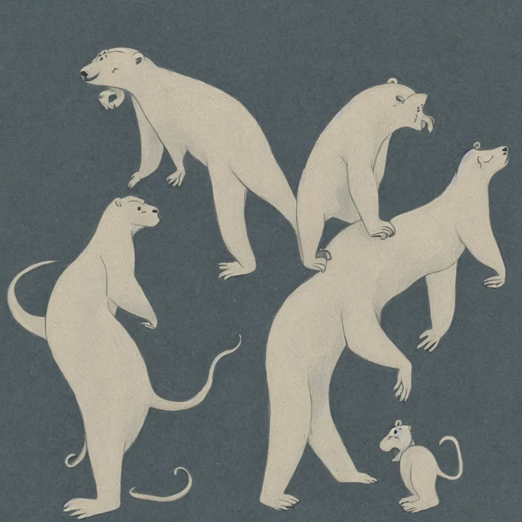 Prompt: drawing from 1 9 2 0's disney animation, monkey polar bear, rabbit